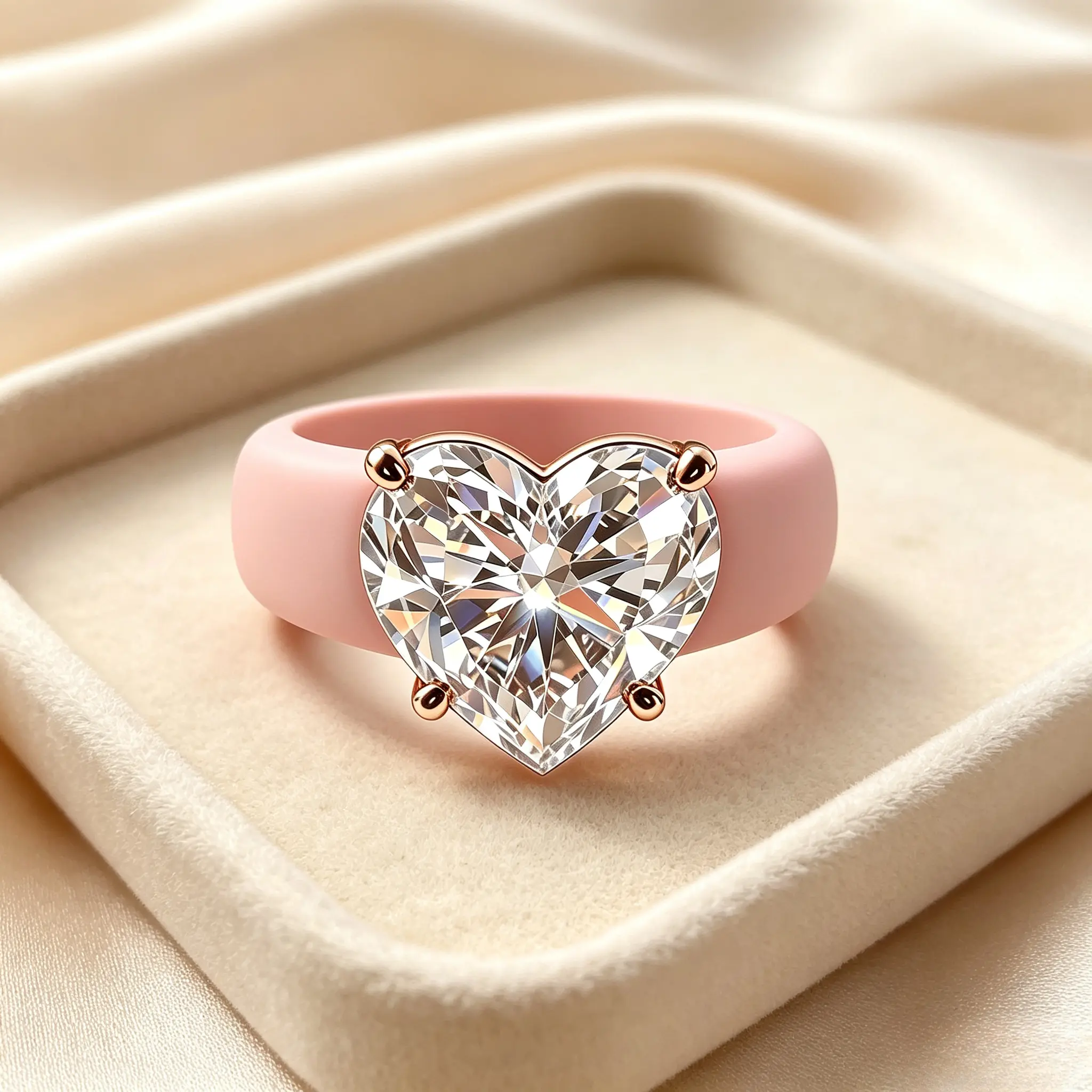 Women's Heart Cubic Zirconia Silicone Ring - Rose Gold 4-Prong Setting, Matte Black Wide Comfort Band, Trendy Costume Statement Jewelry