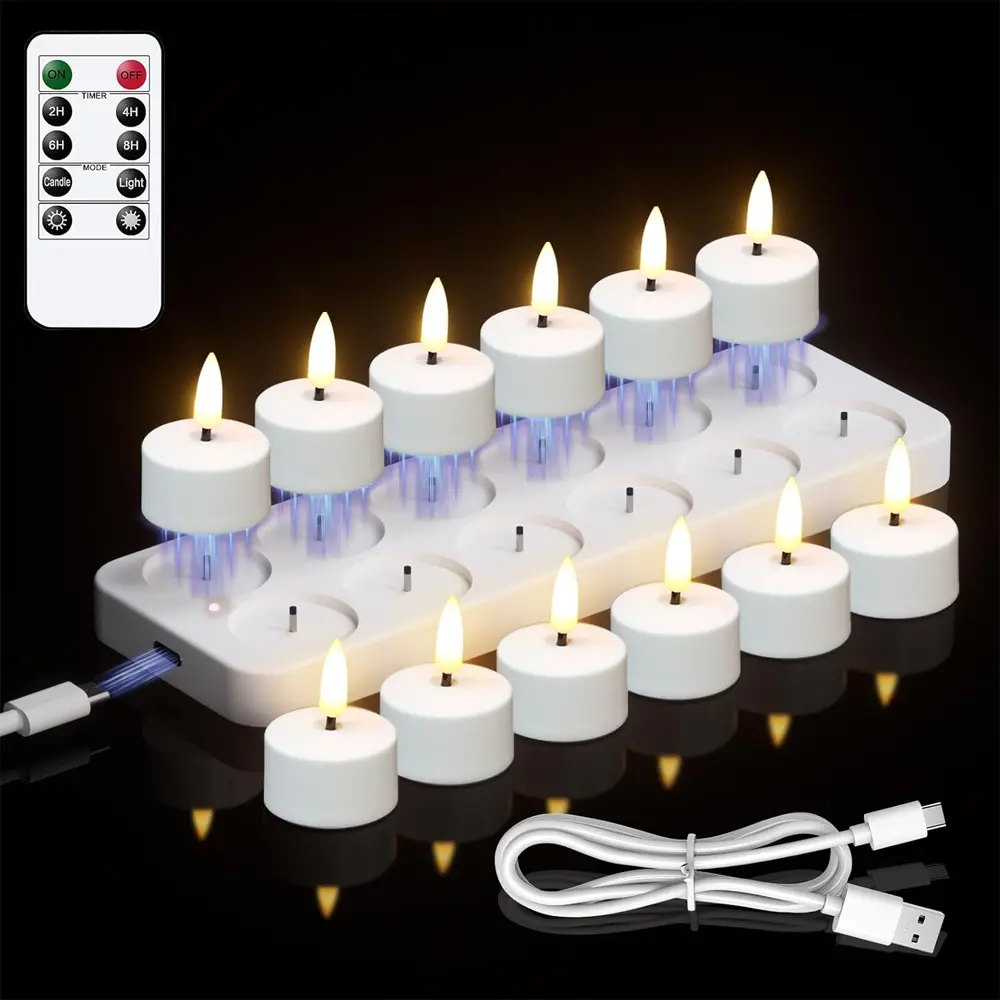 Tealight Flameless Candles Remote Timer Charging Base,12pcs Rechargeable USB C Tea Lights Candles for Wedding Christmas Halloween Decor with Remote Control for Home Table Glass Jars or CANDLE Holder