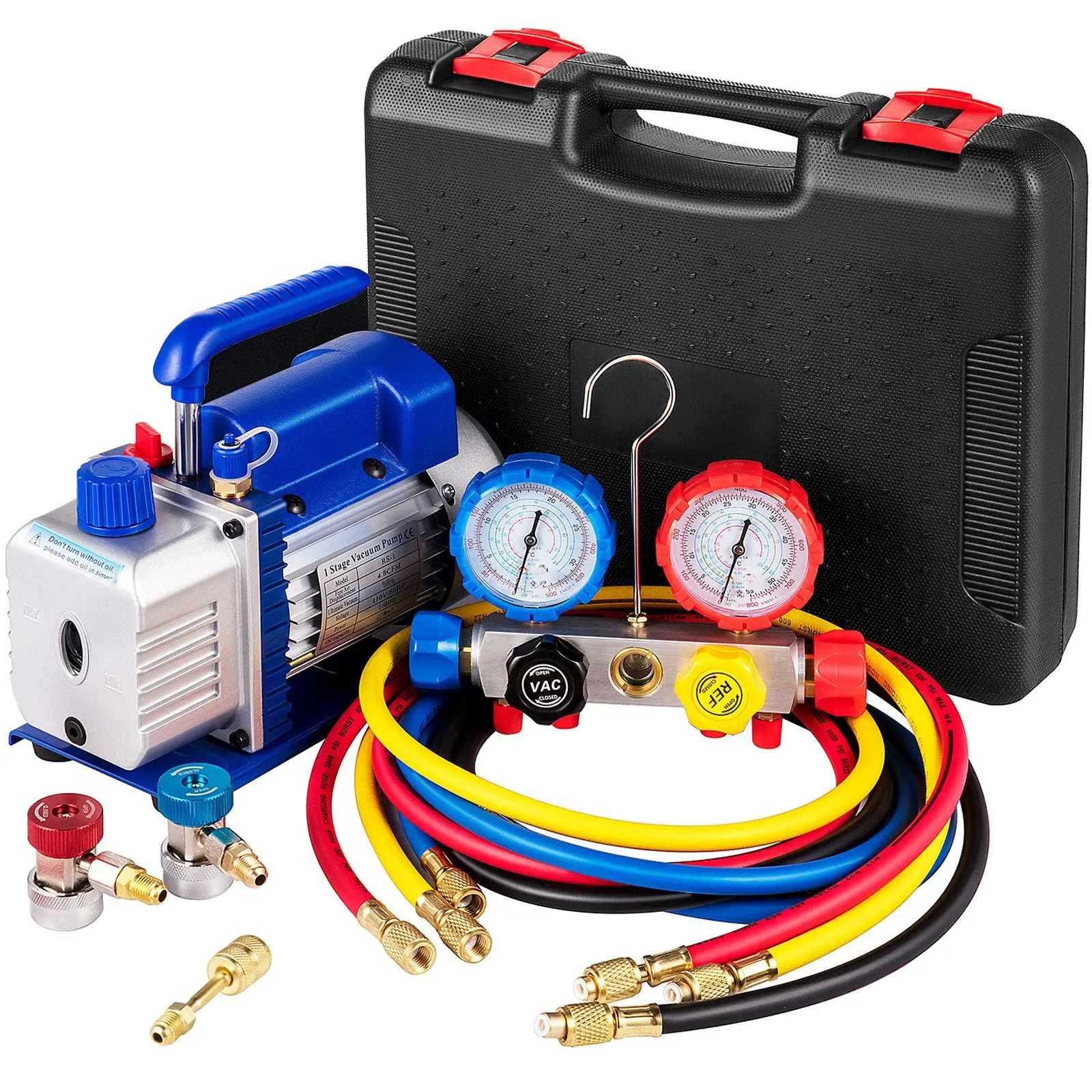【DealsForYouDays】VEVOR Suction Pump 4.8CFM 1/4 HP Single Stage for HVAC A/C Cooling Systems, 5PA Ultimate Vacuum, Manifold Gauge Kit R410A R134A R22, Includes 4-Way Gauge Hose