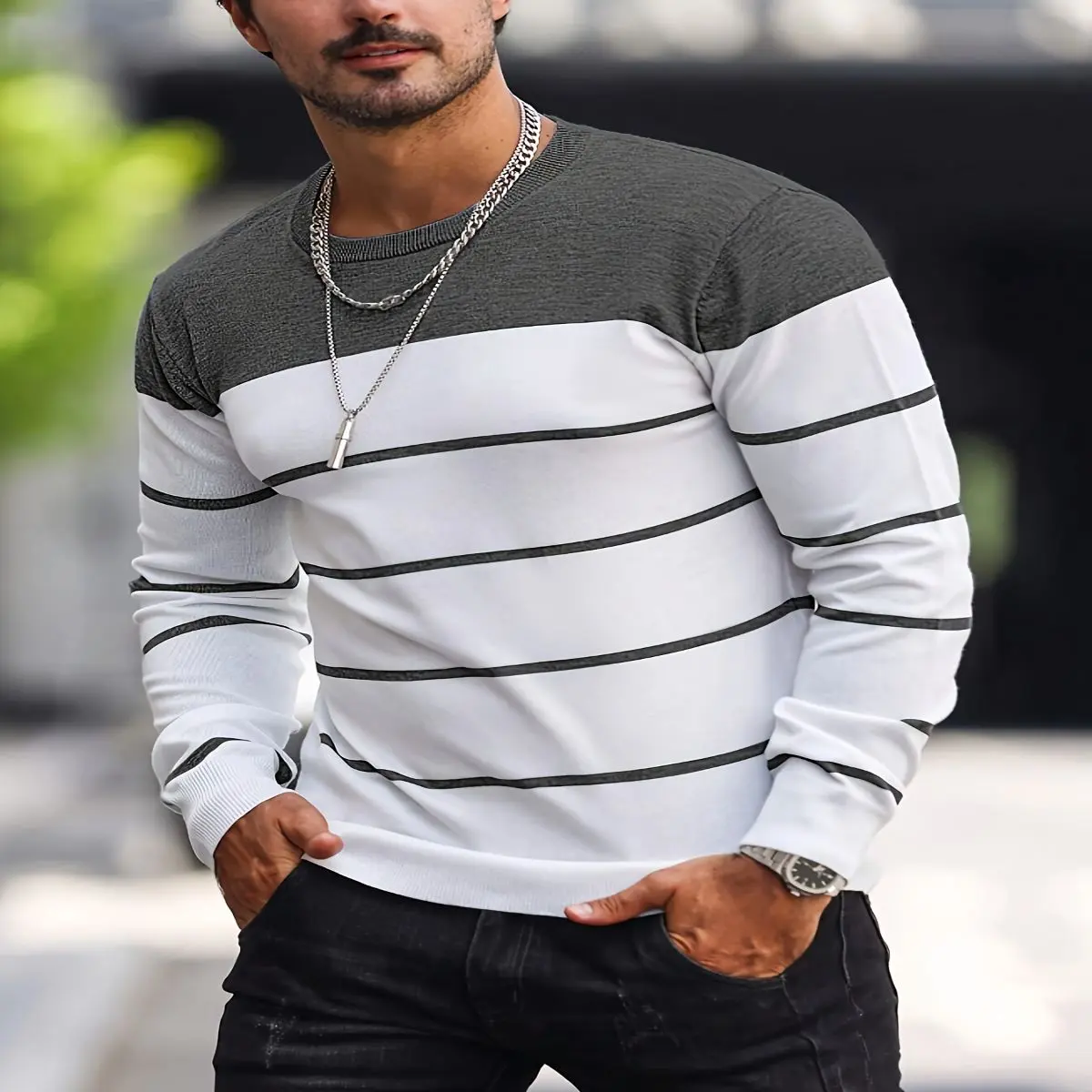 Men's Casual Striped Knit Pullover Sweater - Navy & White Contrast, Regular Fit H-Silhouette, Long Sleeve Crew Neck, Medium Stretch, Machine Washable for Spring Fall, Mediumstretch Fabric