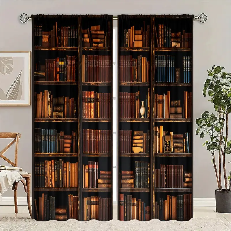 2pcs Vintage Bookshelf Curtains for Book Lovers, Casual Decorative Drapes with Rod Pocket Design, Perfect for Study and Living Room Decor
