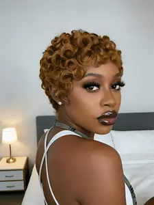 pixie wig  Human Hair Pixie Cut Wig  Short Curly Wavy Wig with Bang Black Color  Elegant Style for Daily Use, Kinky Curly Wig, Short Hair Wig, Stylish Hairpiece