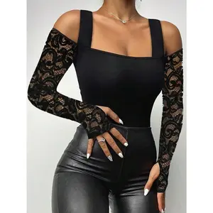 Sexy fit lace off shoulder black autumn top, long sleeved T-shirt, lingerie
