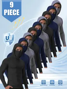 9-piece set men's outdoor work sun protection clothing with sun-blocking hoodie, featuring built-in face mask and neck guard, breathable long-sleeve hoodie Activewear Menswear Compression Fabric Jackets Lawn Layer Menswear