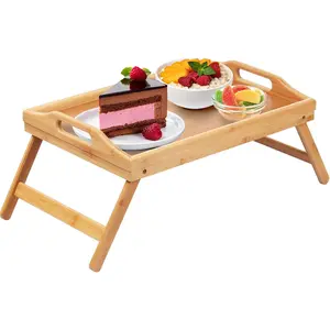 Folding Bamboo Bed Tray Table with Handles Breakfast Serving Lap Tray for Sofa Eating Drawing Platter Snack Tray