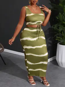 Women’s Olive Green Tie-Dye Striped Two-Piece Set — Drawstring Cropped Tank Top + High-Waisted Bodycon Long Skirt, Vacation Hot-Girl Outfit