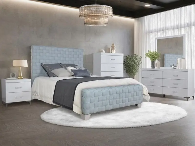 ACME Furniture BD02353Q-4PC Modern Queen 4-Piece Indoor Bedroom Set - Light Teal Chenille Fabric, White Finish Wood, 1 Nightstand, Dresser, Rectangular, Chest Available Separately at Additional Cost:32"x16"x48"h