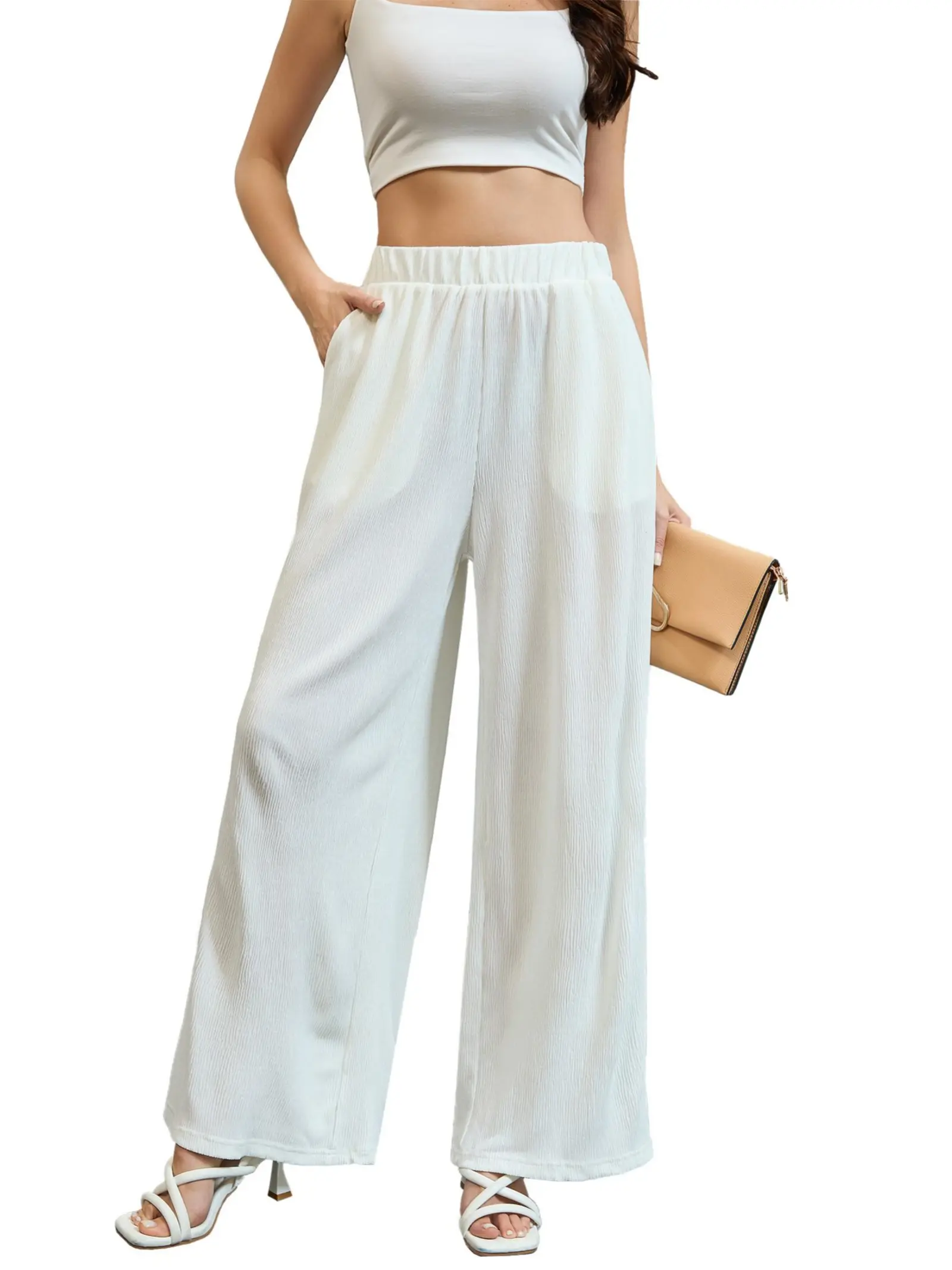 Women's High-Waist Coral Polyester Pleated Crinkle Wide-Leg Crop Trousers - Halloween-Ready, Comfortable, Breezy, Loose, Lightweight, Breathable, Soft Elastic Fabric, Flat Fit, Chic Casual Bottoms (Size 10), Street Style