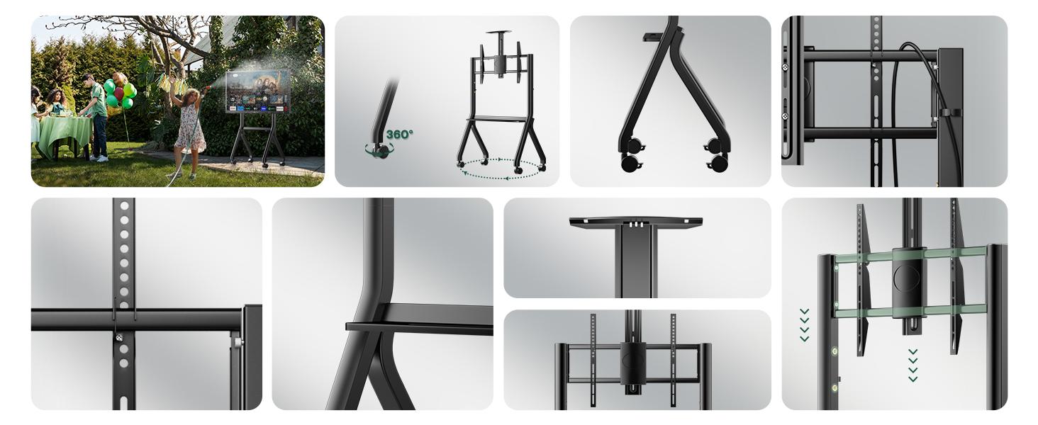 SYLVOX Outdoor TV Y-Type Rolling TV Cart Stand for 43-55 Inch TVs – Waterproof, Heavy-Duty Alloy Steel, 360° Locking Wheels, Adjustable Height & Shelf, VESA 100x100-700x500mm (Max 80kg/176lbs)