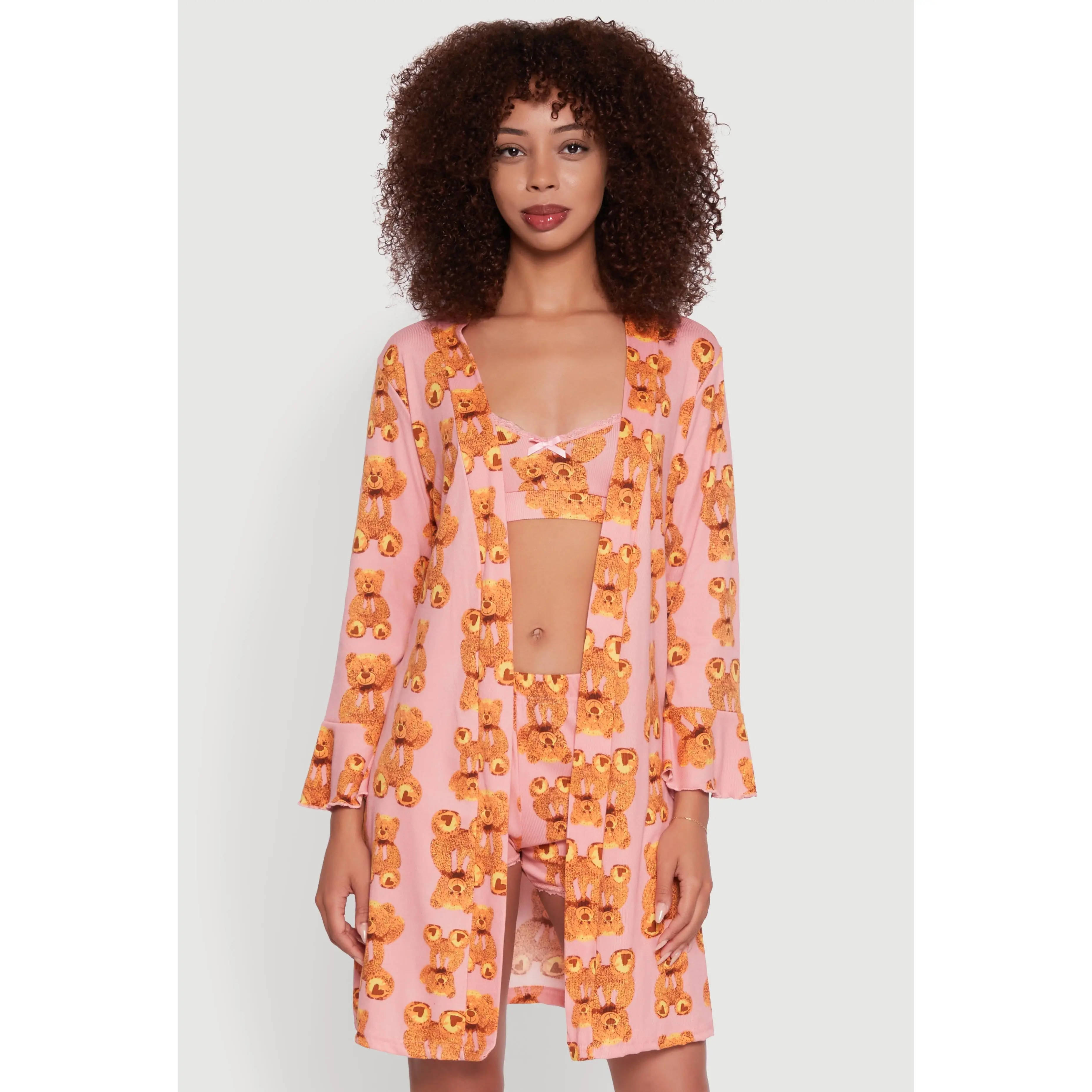 Rib Knit Teddy Bear Pajama Bralette and Shorts with Robe