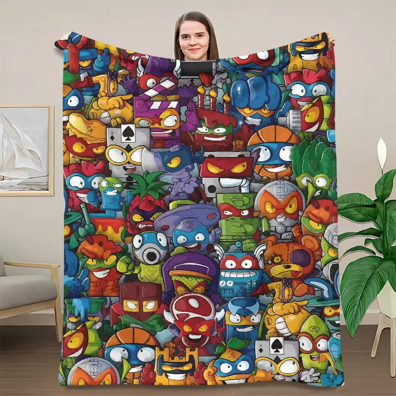 Colorful Cartoon Monster Doodle Collage Throw Blanket, Cute Weird Creature Full Print Flannel Blanket, Street Art Graffiti Fleece Throw For Teen Bedroom Decor, Novelty Gift