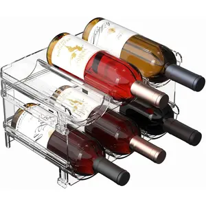 Plastic Stackable Wine Rack for Refrigerator, 2 Tier Large Capacity Water Bottle Organizer for Cabinet, Free-Standing Water Bottle Storage Rack for Fridge, Countertop, Pantry, Freezer, Hold 6 Bottles