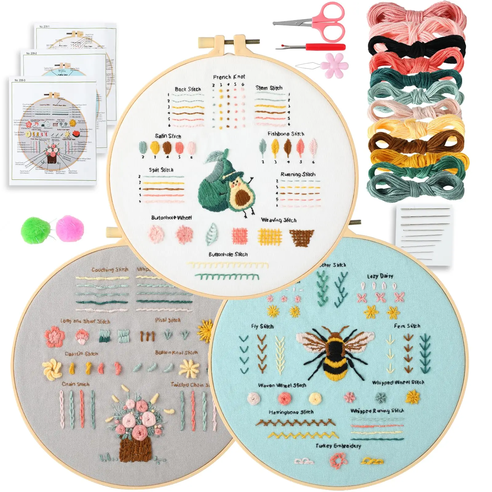 Embroidery Stitch Practice Kit, 3pcs/set Animal Fruit Flowers Pattern Cross Stitch Kit, Needle Crafts Kit with Embroidery Thread & Hoop, DIY Needlewor