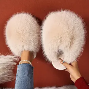Faux Fur Elegant Slippers for Women - Korean Style, Warm Non-Slip Rubber Sole, Fabric Lined, Indoor/Outdoor Footwear, Beige Color, Tsinelas Girl Shoe Decor Flipflop Slide Comfort