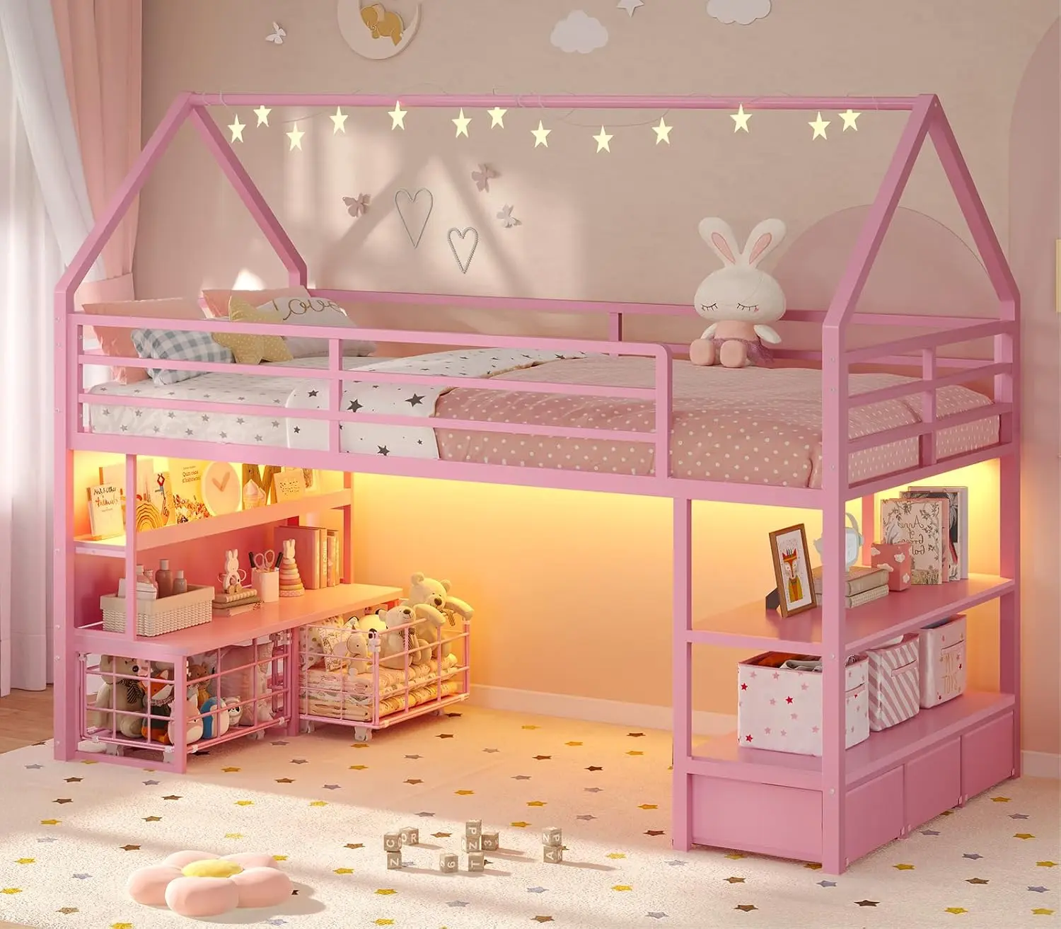 ADORNEVE Loft Bed Twin Size with 5 Storage Drawers and Bookcase LED Metal Loft Bed with Open Storage Shelves and Safety Guardrail Under-Bed Play Space