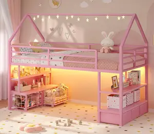 ADORNEVE Loft Bed Twin Size with 5 Storage Drawers and Bookcase LED Metal Loft Bed with Open Storage Shelves and Safety Guardrail Under-Bed Play Space