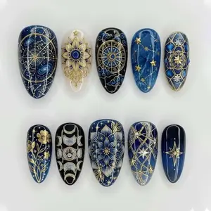 Handmade Celestial Zodiac Press On Nails | with Star Constellation Moon Astrology Art | Long Almond Nails in Blue Gold Galaxy Palette