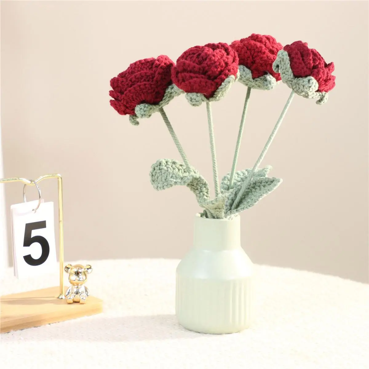 Handmade Knitted Rose, Artificial Rose Faux Flowers, Home Decorative Flower Without Vase