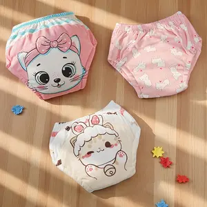 3-Piece Set Baby Girls Cute Cat Print Training Pants, Skin-Friendly Cotton Material, No Fluorescent, Leak-Proof Reusable Diapers