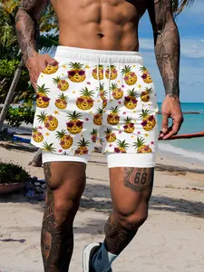 Men's Fun Pineapple Print Double-Layer Lining Beach Shorts, Base, Sporty Style, Loose-Fitting, All Seasons