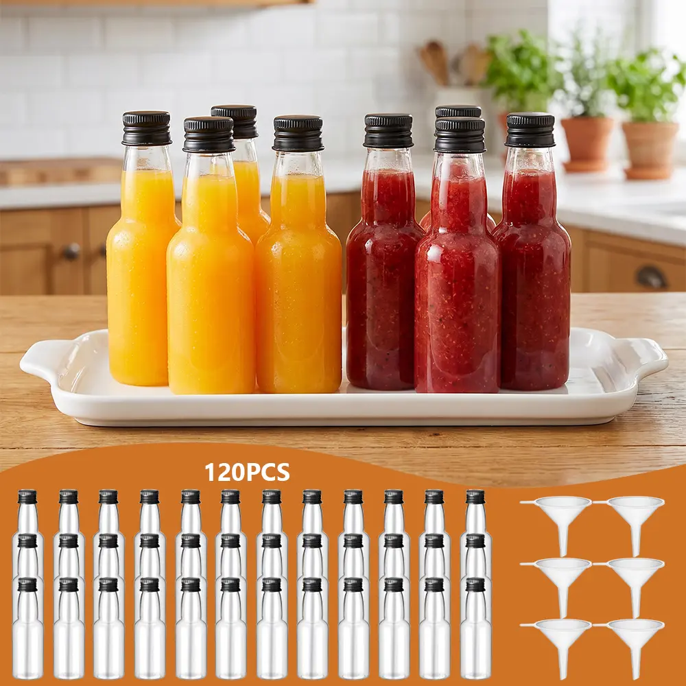 120 Packs 2-OZ Mini Liquor Bottles with 6Pcs Funnels Kit, Airtight Shot Miniature Empty Plastic Alcohol Spirit Shot Bottles for Party Favors, Weddings