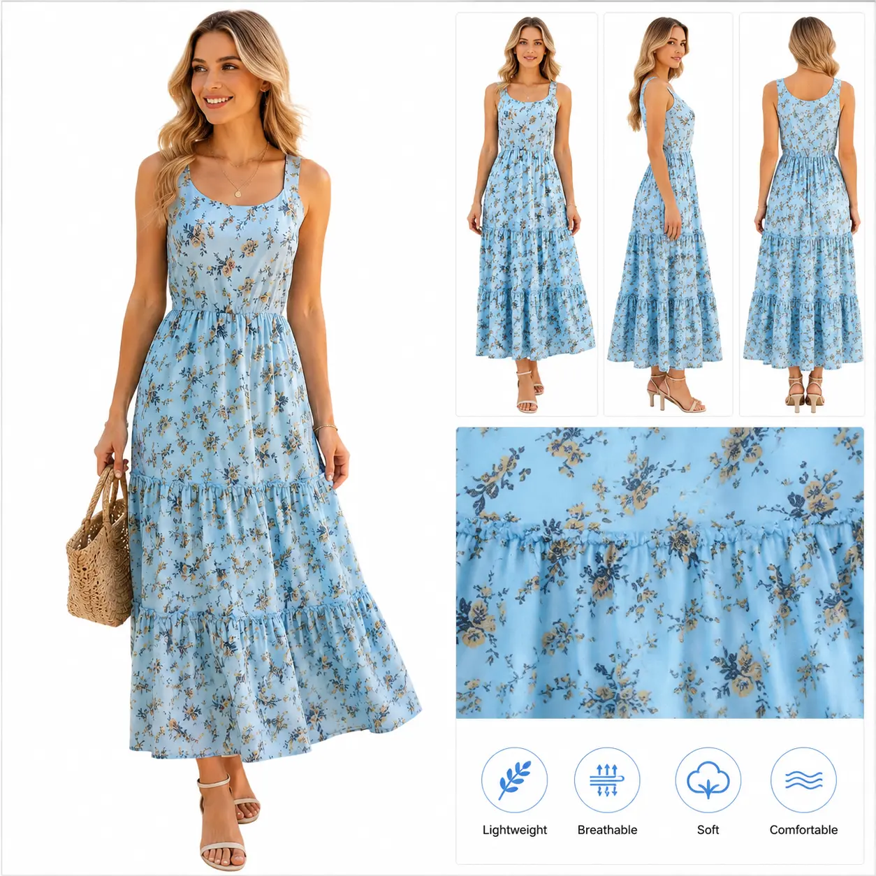 Floral Dress for Women 2026 Flowy Sundress Smocked Cottagecore Dresses casual vacation fashion Womenswear Elegance