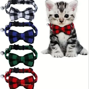 4Pcs Plaid Cat Collars with Bell and Bow, Adjustable 7.5-12 Inch Detachable Polyester Pet Collars, Safe Release Buckle Comfort Collar for Kittens and Small Dogs, Multi-Color Indoor Pet Accessories