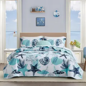 Coastal Nautical 3-Piece Reversible Lightweight Microfiber Quilt Set - Full/Queen (90in x 96in), Wrinkle Resistant, Breathable, Durable Synthetic All-Seasons Bedding with 2 Shams (Blue Starfish Conch Seashell Beach Design, Cold Wash Safe)