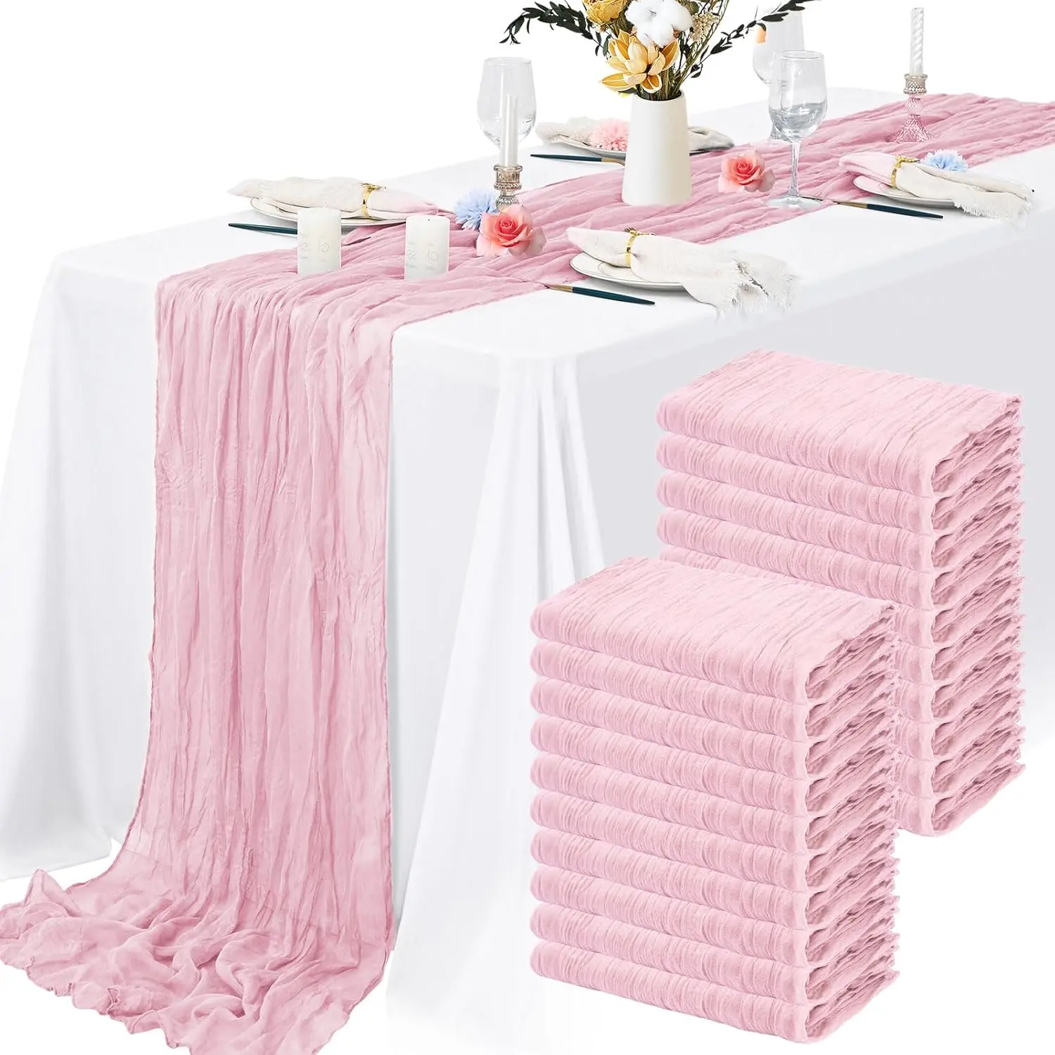 10 Pack Pink Table Runner 17*108 inch  Cheesecloth, Gauze Cheese Cloth Table Runner Rustic Sheer Runner for Wedding Birthday Party Baby Shower Table Decor