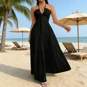 [Sleeveless A-Line Dress] Women's Sleeveless A-Line Dress | Ruffled Hem | Tie-Back Detail, Flowy Summer Beach Vacation Dress for Casual Outings, Vacation Attire