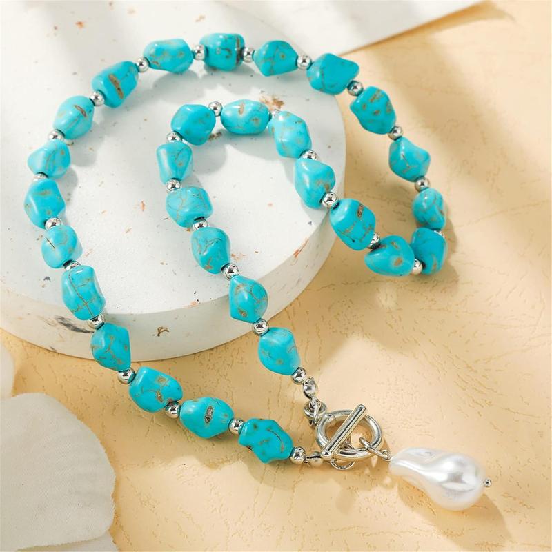 Turquoise necklace, boho long turquoise beaded necklace vintage ethnic Bohemian turquoise pendant necklace Western turquoise jewelry gifts for women