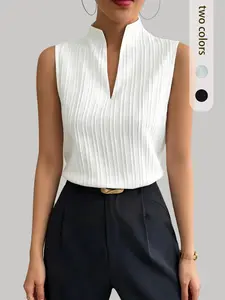 Summer Bestseller Stand Collar Small V Split Sleeveless Top, Vertical Texture Pleated Fitted Vest, Elegant High-End Chic Style, Office Casual Wear
