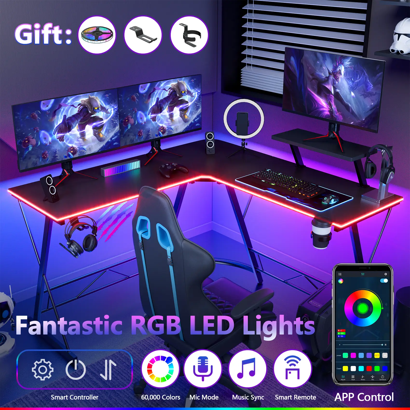 【Deals for You Days】Mr IRONSTONE L Shaped Gaming Desk Corner Computer Desk, Home Office Desks Writing Workstation with Large Monitor Stand, Carbon Fib