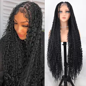 summer daily wear costume party decor Boho Knotless Braided Wigs for Black Women Bohemian Box Braided Double Full Lace Wigs with Baby Hair Synthetic Natural Black 36inch