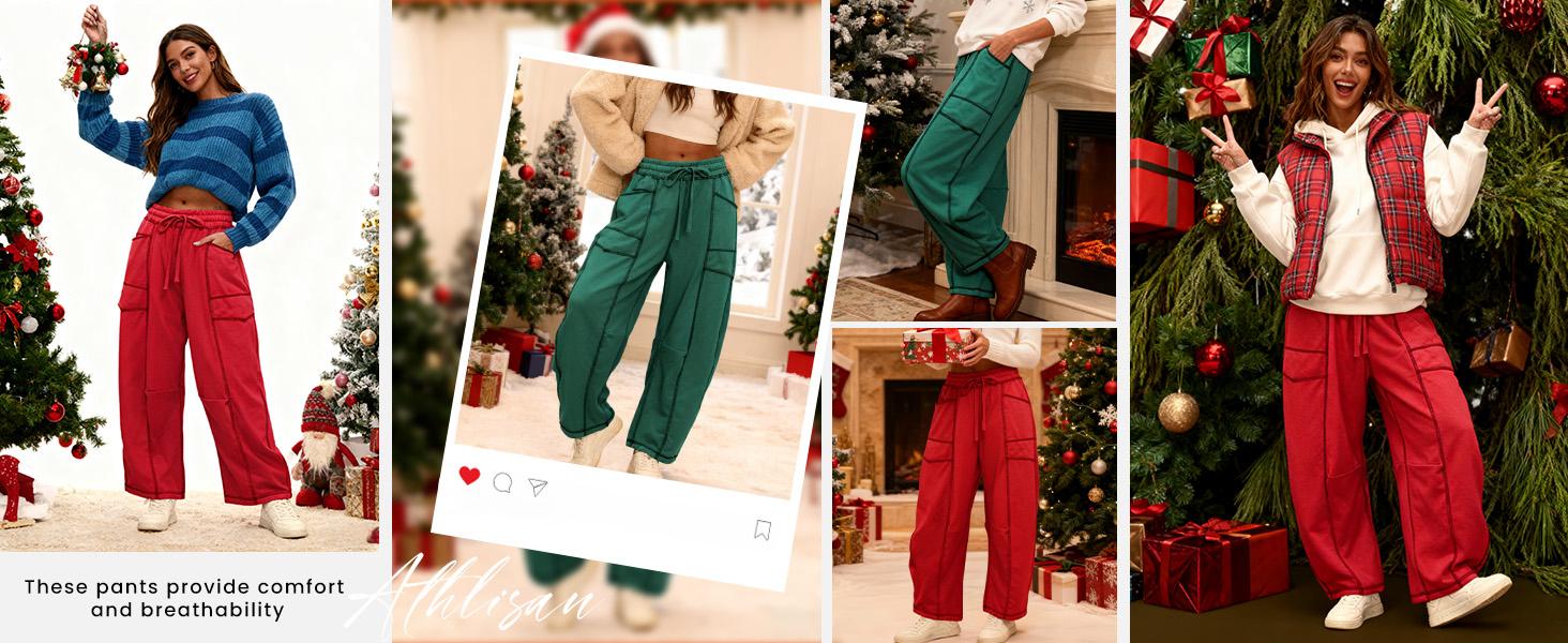 WoodBerry Women's High Waisted Barrel Sweatpants Baggy Wide Leg Drawstring Joggers with Pockets and Seam Stitch Details Athletic Lounge Pants