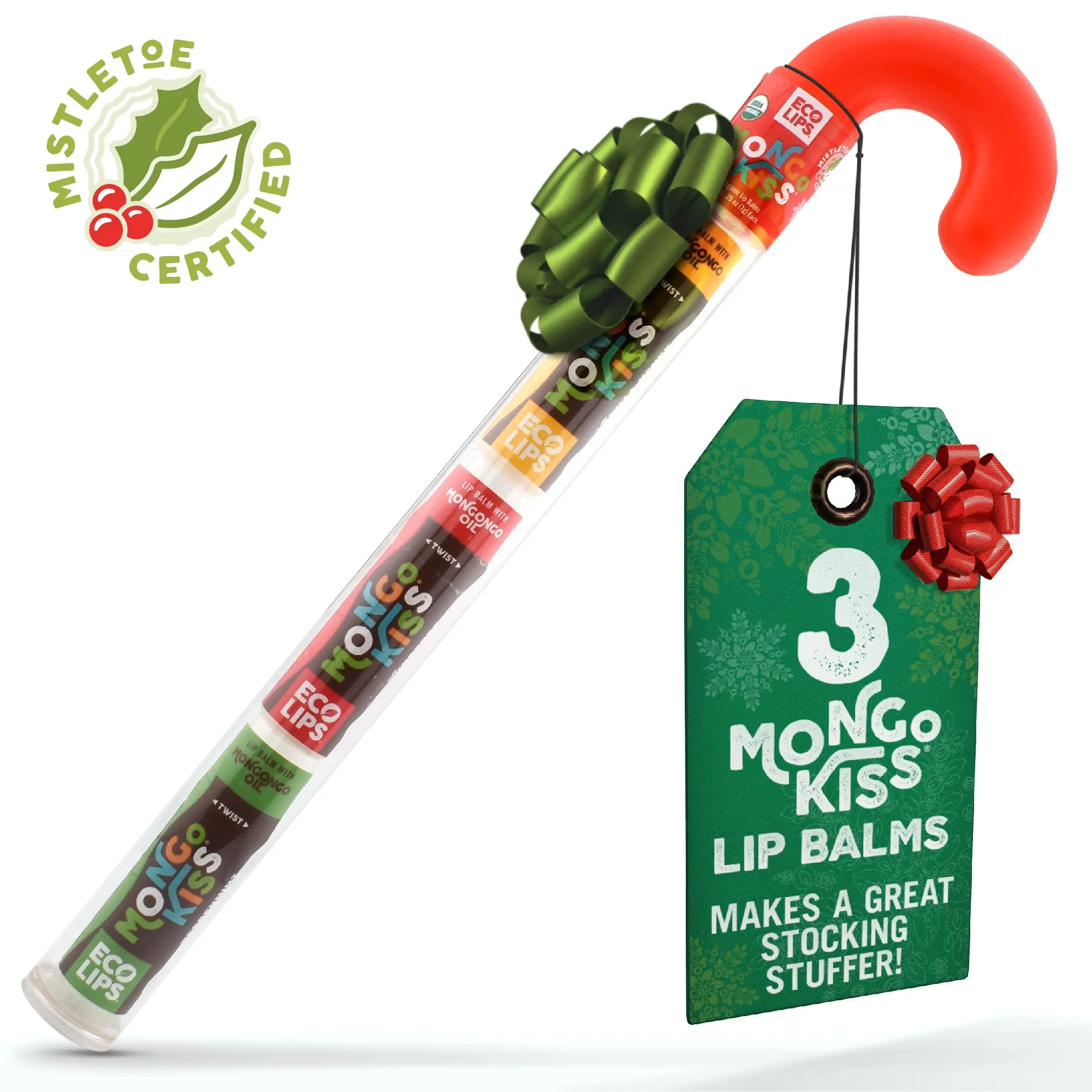 ECO LIPS, INC. Eco Lips Novelty Plastic Candy Cane + Mongo Kiss Organic Lip Balm Holiday Gift Set 3-Count Peppermint Vanilla Yumberry Stocking Stuffer