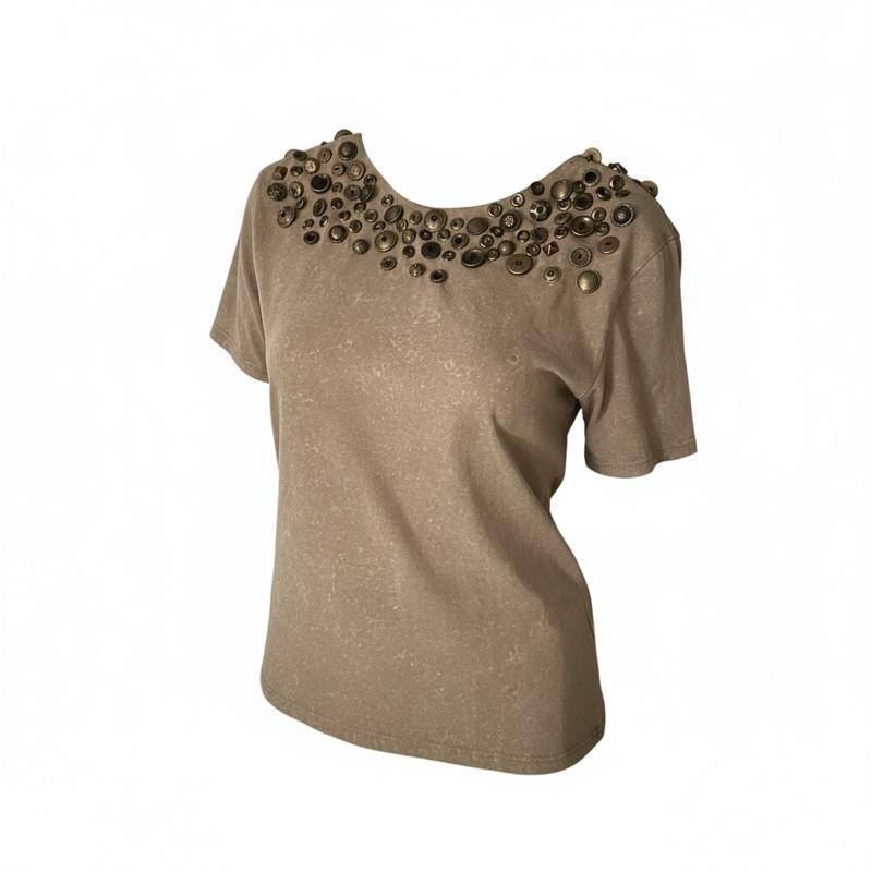 Ladies SS Off-Shoulder Embellished Tee with Elegant Beading and Comfortable Fit for Everyday Wear