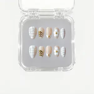 EDGE ESSENCE WHITE TURTLE Textured Press-On Nail Art Set EW009 | Nude Base with Turtle Shell & Floral Gold Accents for Playful Minimal Nail Looks