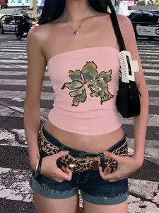 2000s Style Sequin Embroidery Tube Top, Shiny Sequin Fabric, Hibiscus Strapless Crop Top, Slim-Fitting Sleeveless Design