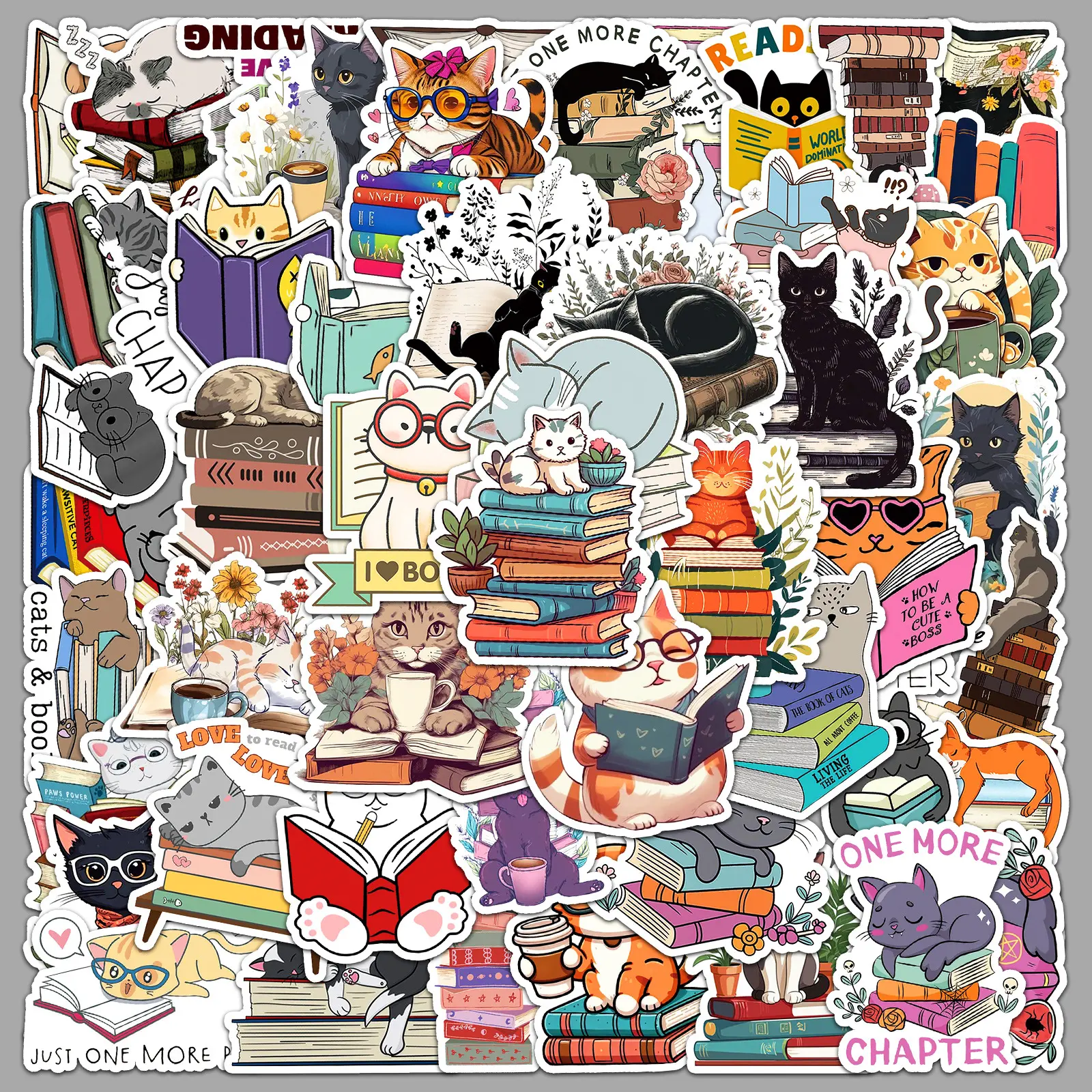 50 PCS Cute Cat Reading Book Vinyl Stickers - Durable, Waterproof, UV-Resistant Adhesive Decals for Cellphones, Laptops
