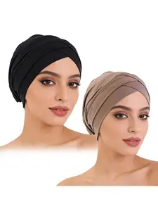 Women's Elastic Headscarf Cap Set, Dual Cross Design Plain Color Hair Protection Hat, Chemotherapy & Daily Wear Accessories