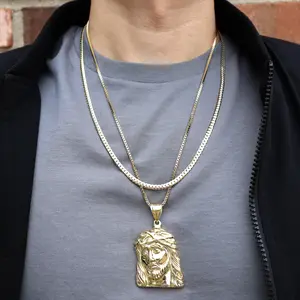 AAA+ Brass Jesus Portrait Pendant & 2mm 24" Box Chain & 4mm 24" 14K Stamped Cuban Chain Hip Hop Style Religious High-End Necklace Fashion Jewelry