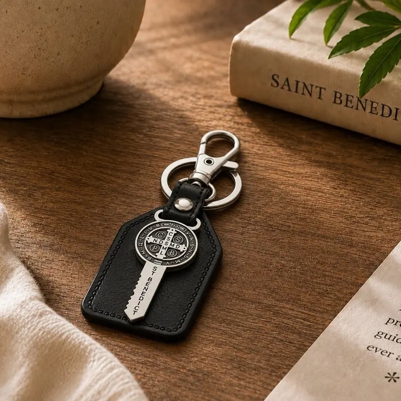Practical Stylish Catholic St. Benedict Keychain - Stainless Steel, Durable Steel Ring, Synthetic Leather, Daily Tough, Sleek Metal Adds Polish, Religious Gift