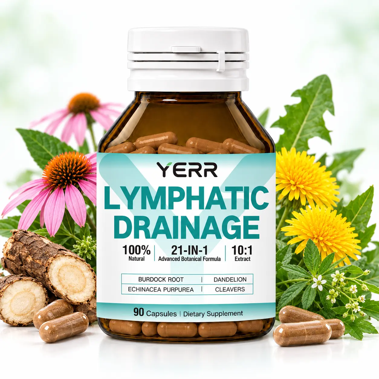 YERR Lymphatic Drainage Dietary Supplement - 21-in-1 Natural Botanical Mix for Puffiness, Fluid Balance & Detox - 10:1 Burdock Root, Dandelion, Echinacea, Cleavers Extracts - 90 Capsules, Health Support