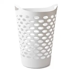 Plastic Round Laundry Hamper, White, with Carrying Handles
