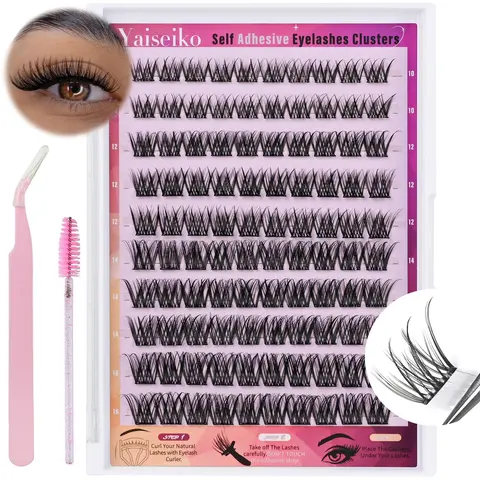 Self Adhesive Fake Lashes Kit, 10-16mm D Curl DIY Wispy Natural Soft Lash Clusters, Reusable Press-On Individual Eyelashes with Tweezers, No Glue Needed, Diy Lash Clusters