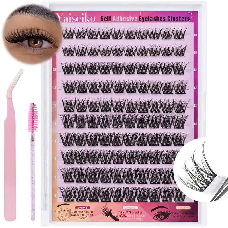 Self Adhesive Fake Lashes Kit, 10-16mm D Curl DIY Wispy Natural Soft Lash Clusters, Reusable Press-On Individual Eyelashes with Tweezers, No Glue Needed, Diy Lash Clusters