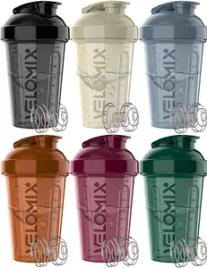 VELOMIX Protein Shaker Cup Set - 6-Pack 20 oz Leak-Proof Gym Accessories Water Bottles, Black with Wire Whisk, BPA-Free, Dishwasher-Safe for Pre-Workout Use, Water Bottle