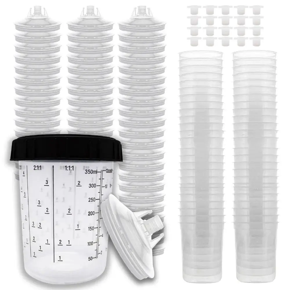 Lauco Disposable Paint Spray Gun Cups Liners & Lid System Hardware Tool Kit, 50-Pack 13.5 oz (400ml) 190 MIC Set for Paint Spraying Tools, Paint Sprayer Accessories, Spray Painting Tool
