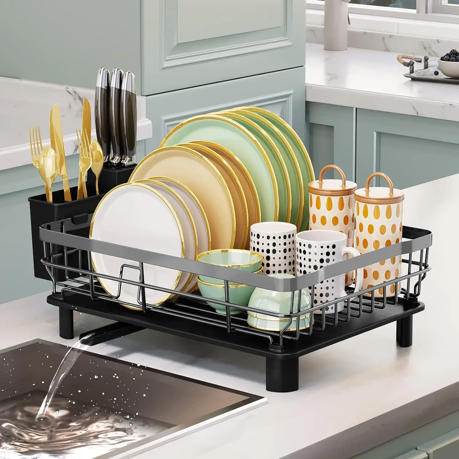 Iron Dish Drying Rack Set with Drainboard Dish Drainers for Kitchen Counter Sink Adjustable Spout Dish Strainers with Utensil Holder and Knife Slots